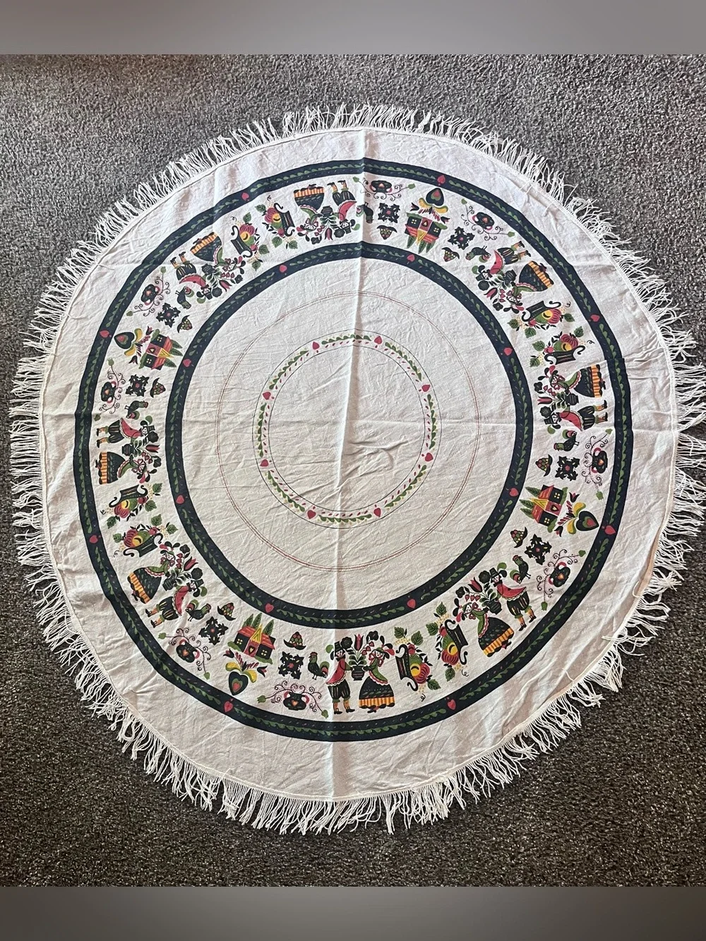 Set of 2 1950s tablecloths Pennsylvania PA Dutch Folk Art 56” Round & floral sq